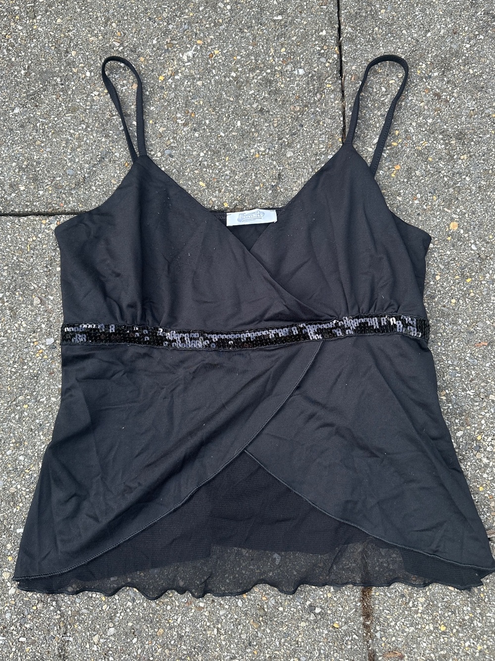 Pimkie Vintage Y2K Black Sequin Accent Mesh Layer Cami Top L